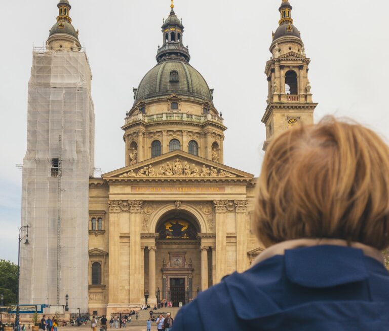 A person observes a grand cathedral with a covered tower.