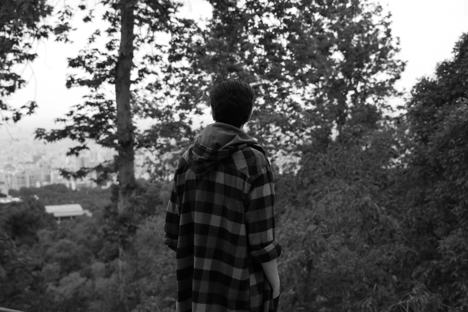 A man standing on top of a skateboard next to a forest