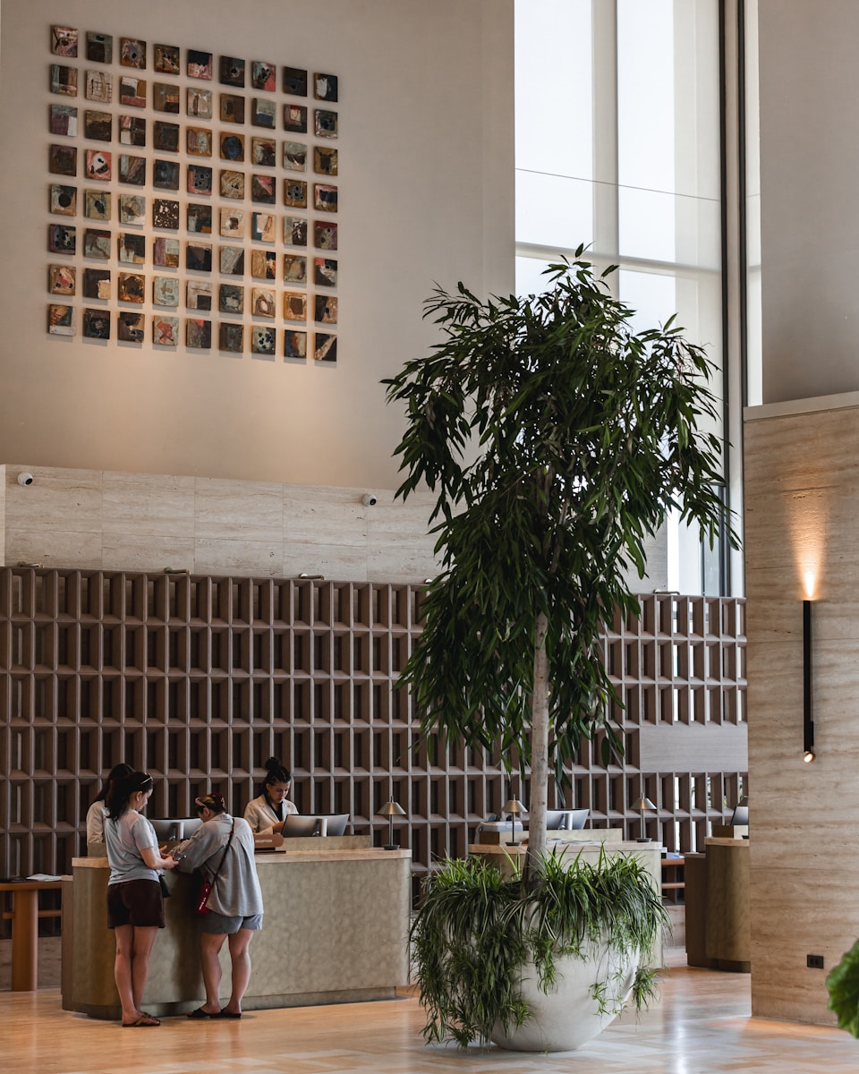 Modern hotel lobby reception with guests, tree, and wall art.