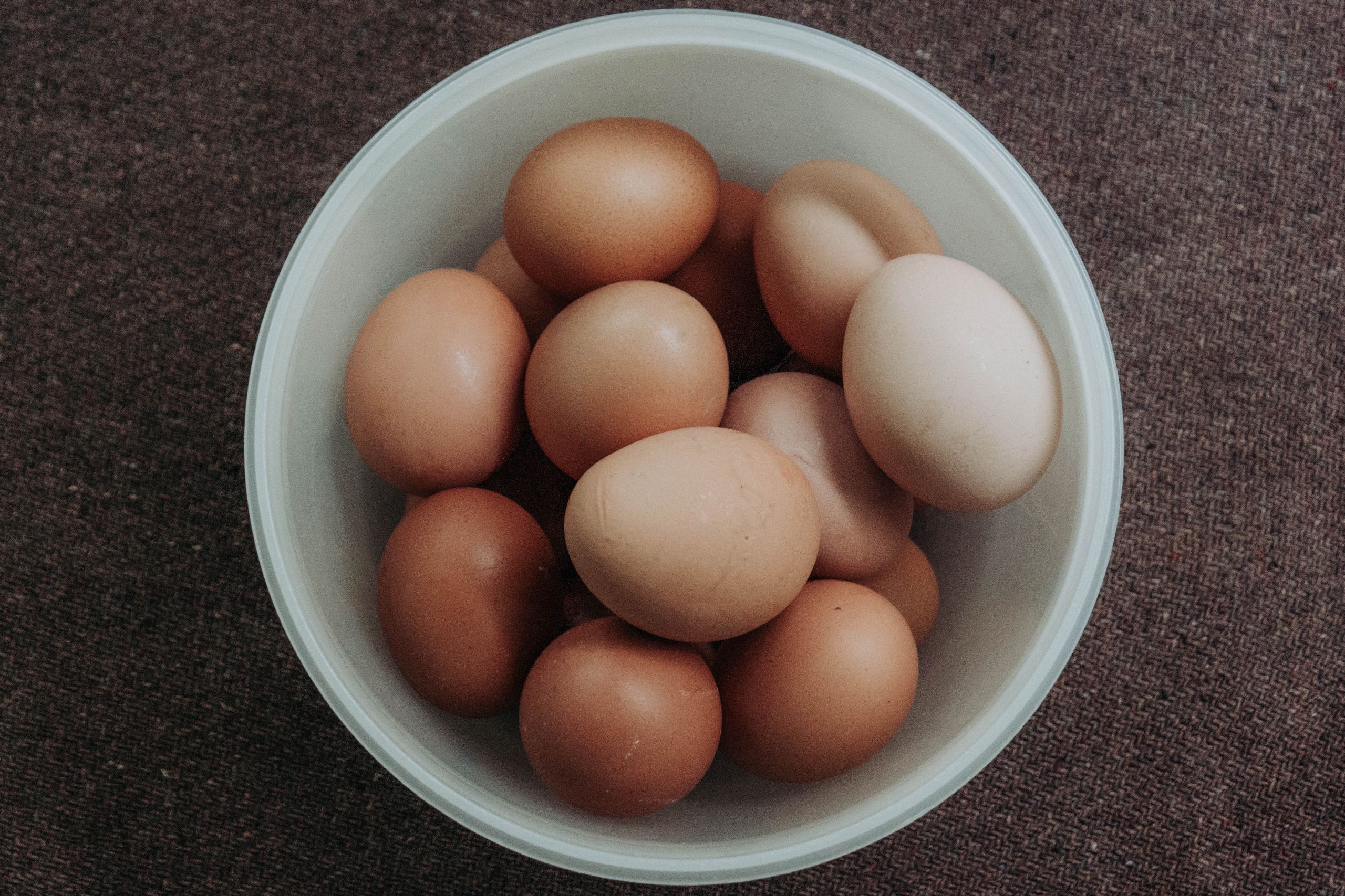 A top-down view of brown organic eggs piled in a white bowl against a dark surface.