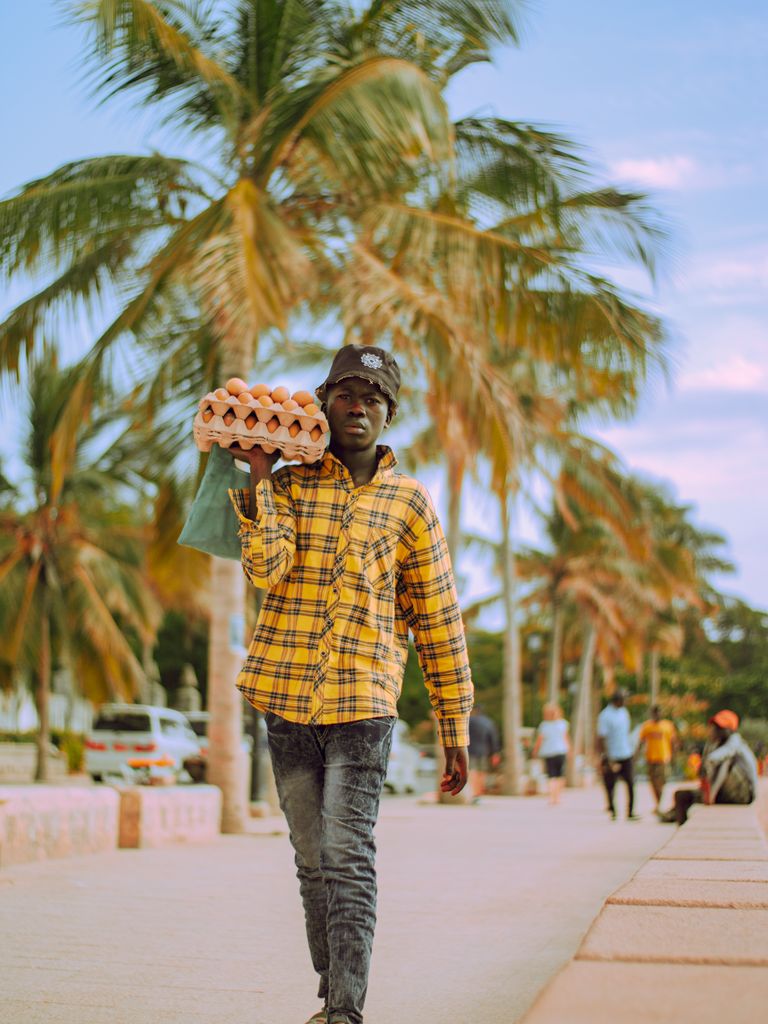A young man in a plaid shirt carries a carton of eggs outdoors with palm trees in the background.