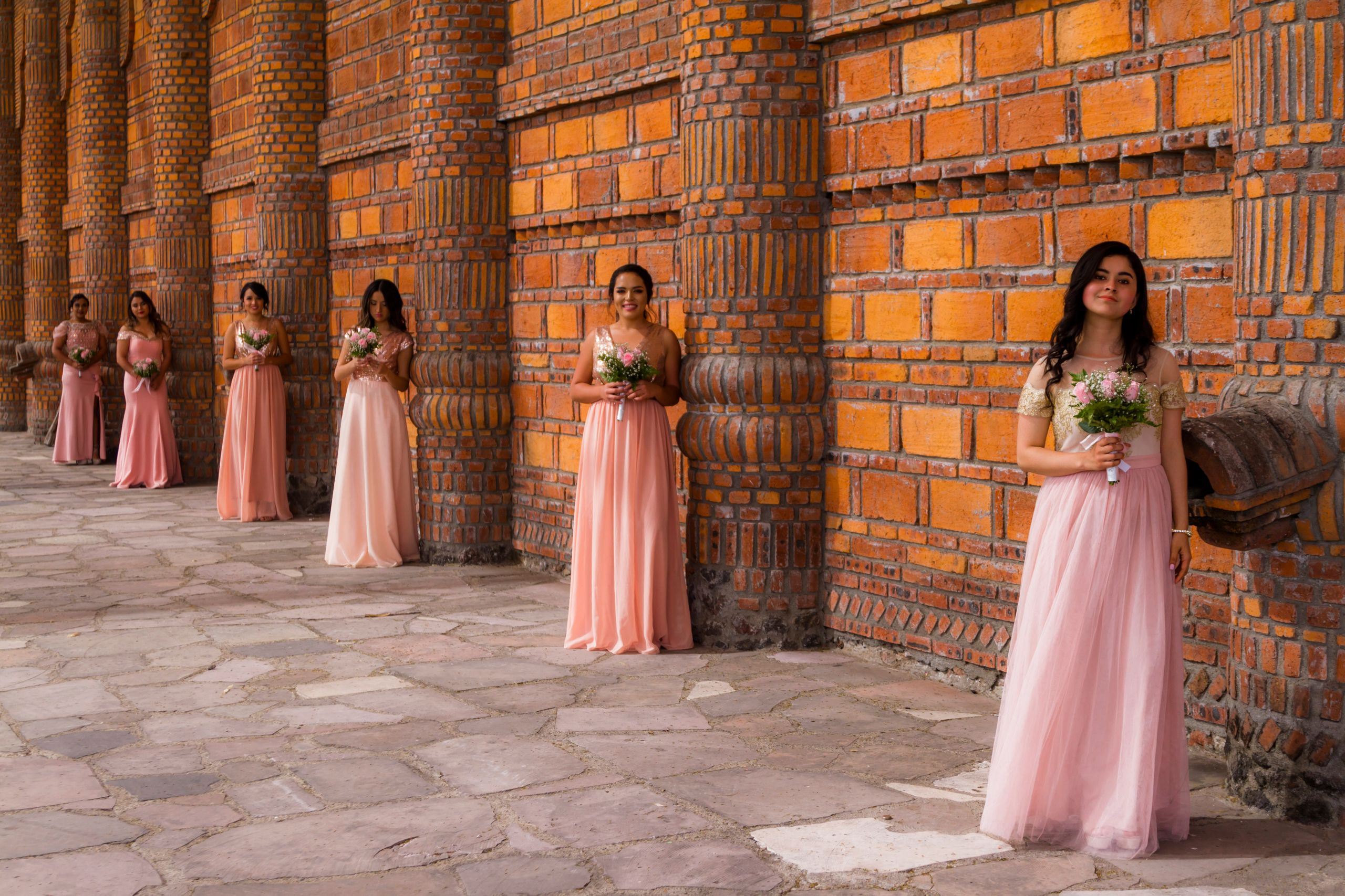 Bridesmaids in pink dresses lined up against a brick wall holding bouquets, creating a classic portrait.