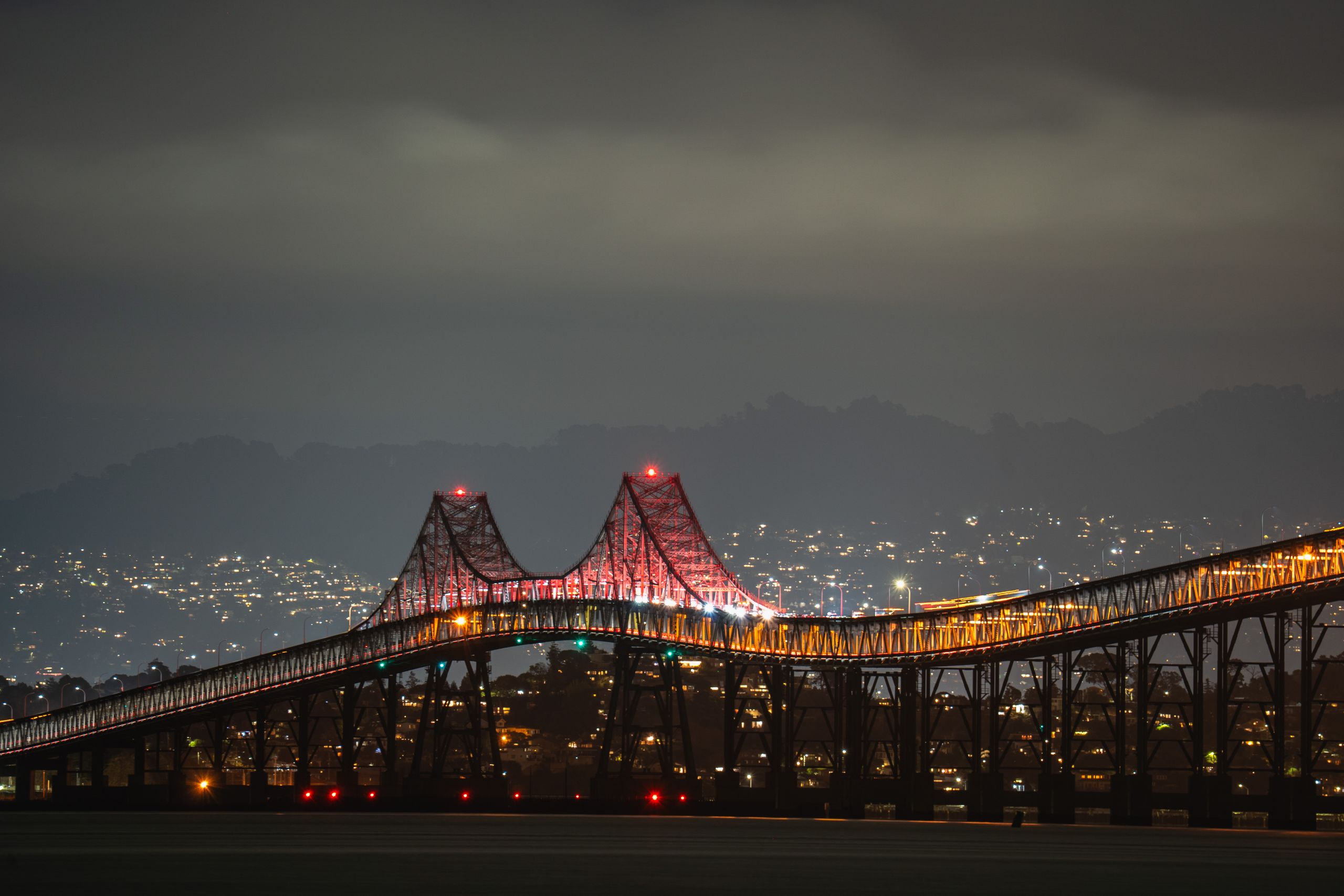 Illuminated view of the Richmond-San Rafael Bridge in San Francisco at night.