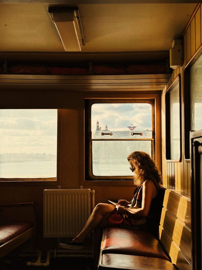 A woman sits alone on a train, absorbed in reading, with scenic views outside.