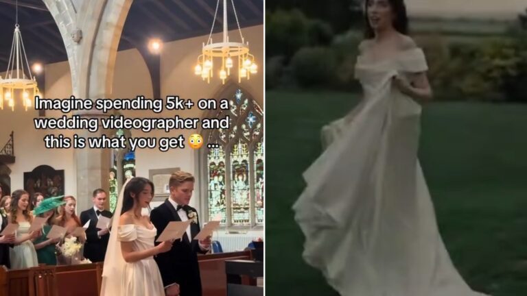 Split image: a bride and groom reading vows in a church captioned imagine spending 5k plus on a wedding videographer and this is what you get, next to the bride in a white gown walking across a green lawn