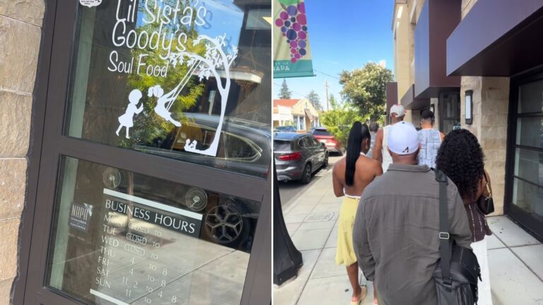 Split image: a restaurant door with a Lil Sistas Goodys Soul Food window decal and business hours sign, next to people waiting in line on a sunny sidewalk outside the restaurant