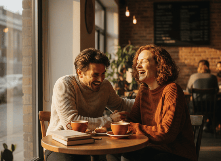Two adult friends laughing together over coffee at a sunlit cafe table