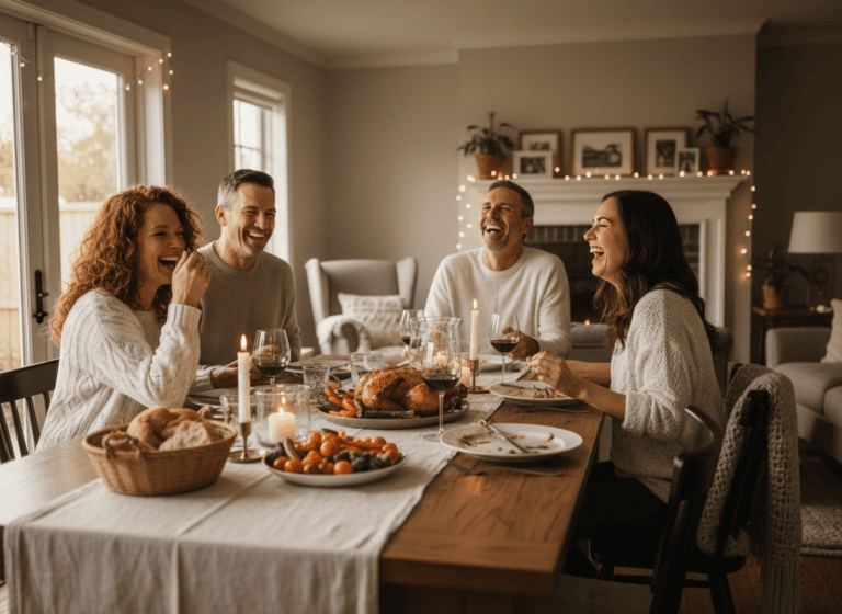 Three adult siblings laughing together at a family dinner table