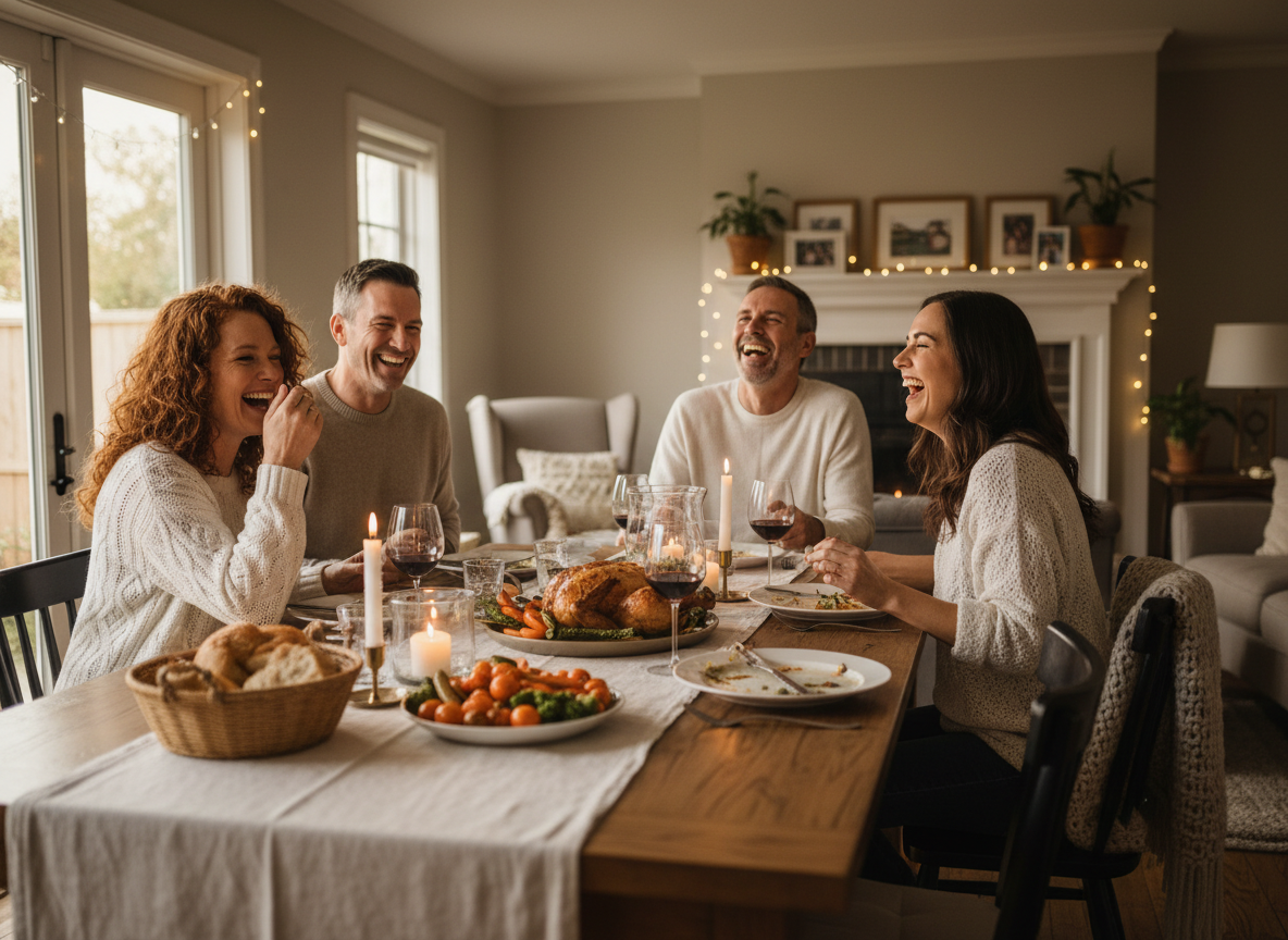 Three adult siblings laughing together at a family dinner table