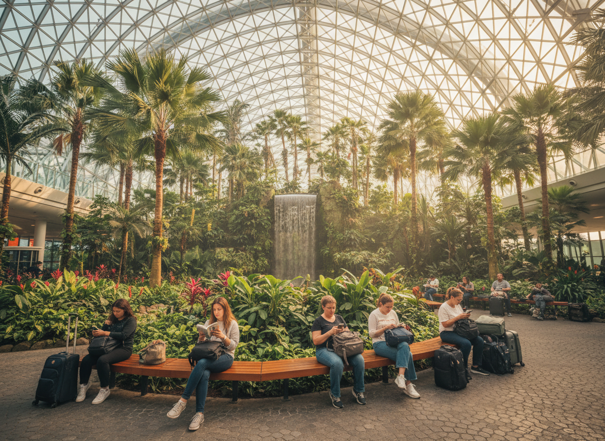 Lush indoor garden atrium with a waterfall inside a glass-domed airport terminal