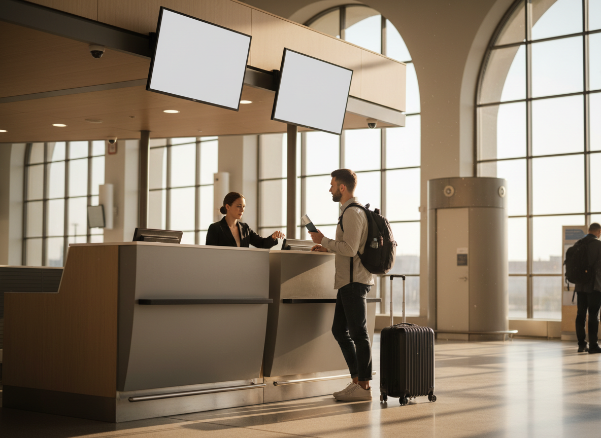 Traveler checking in at an airport counter with a suitcase, representing rising airfare costs