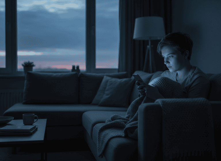A young adult sitting alone on a couch, lit only by their phone screen