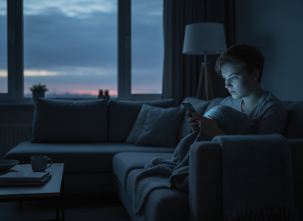 A young adult sitting alone on a couch, lit only by their phone screen