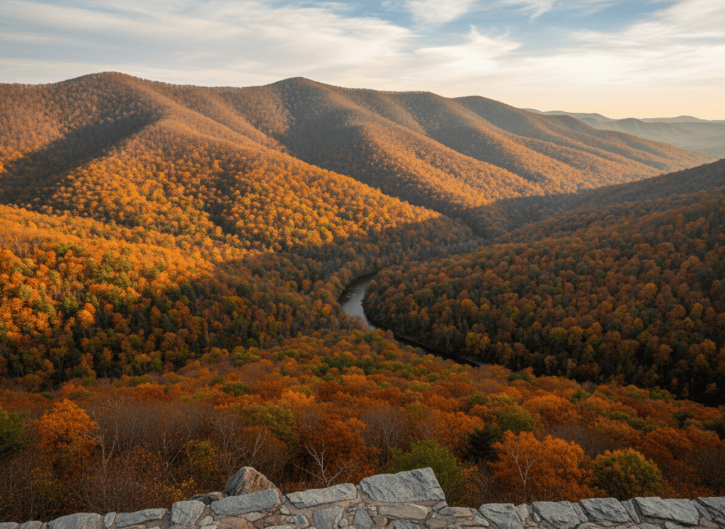 Vibrant autumn foliage with elevation-banded color across a mountain ridge