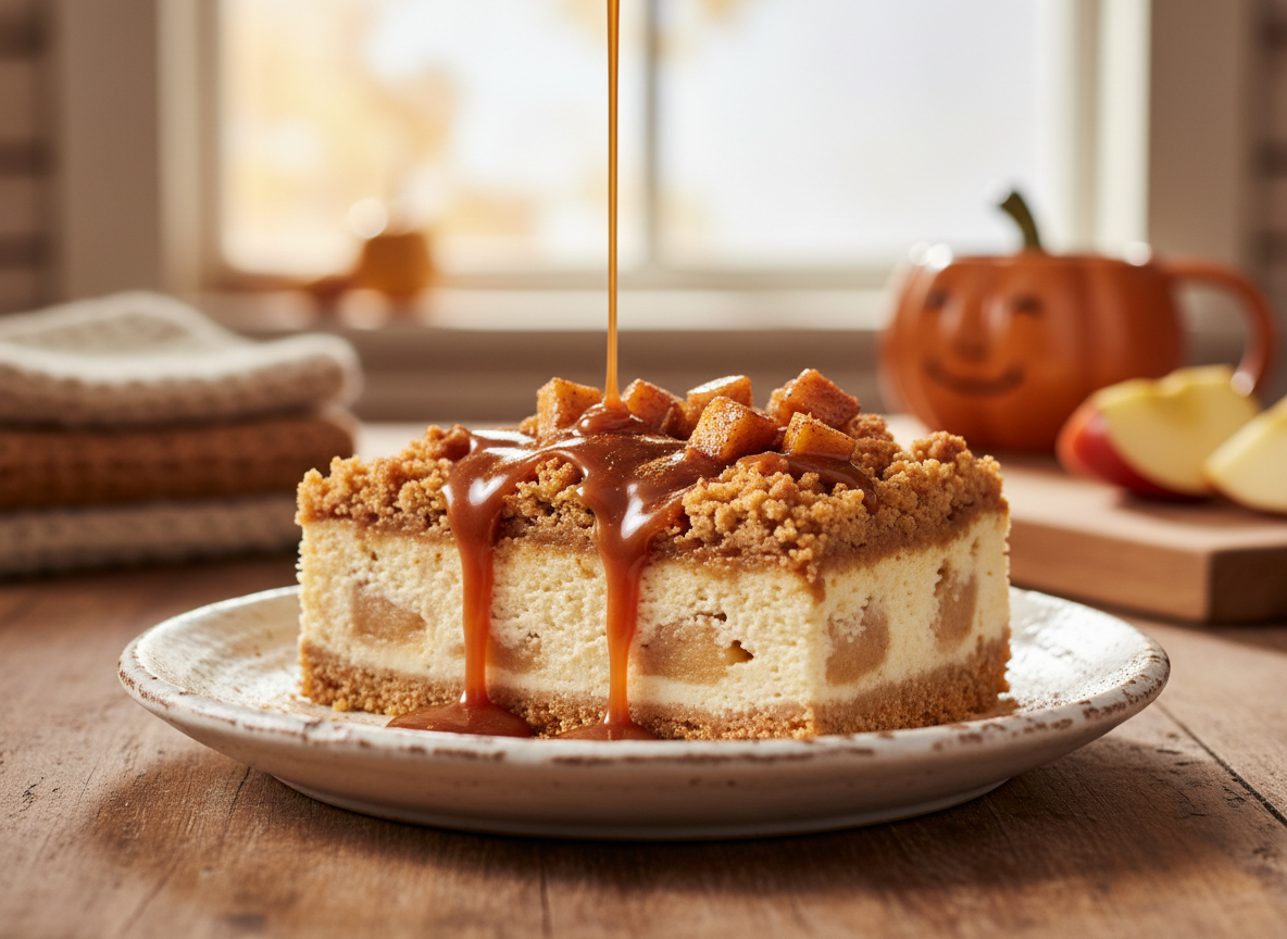 A slice of apple cobbler cheesecake topped with caramel drizzle and baked apples