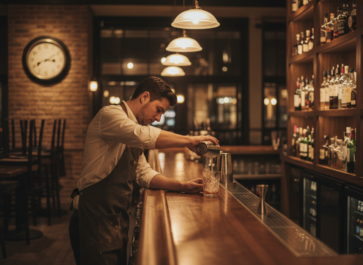 A bartender pours a drink alone behind the bar late at night, with a clock on the wall reading past midnight