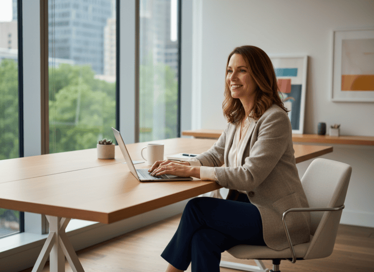 A professional woman working at her desk
