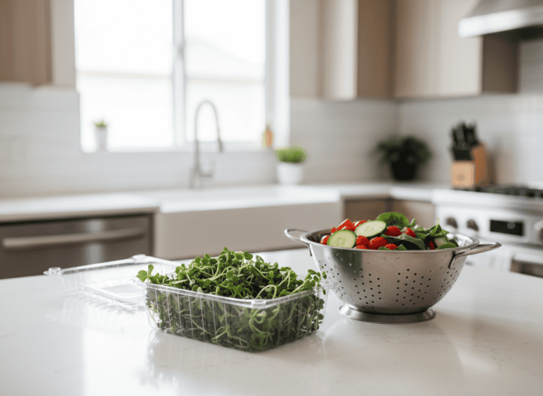 Fresh broccoli sprouts in a clear container on a kitchen counter