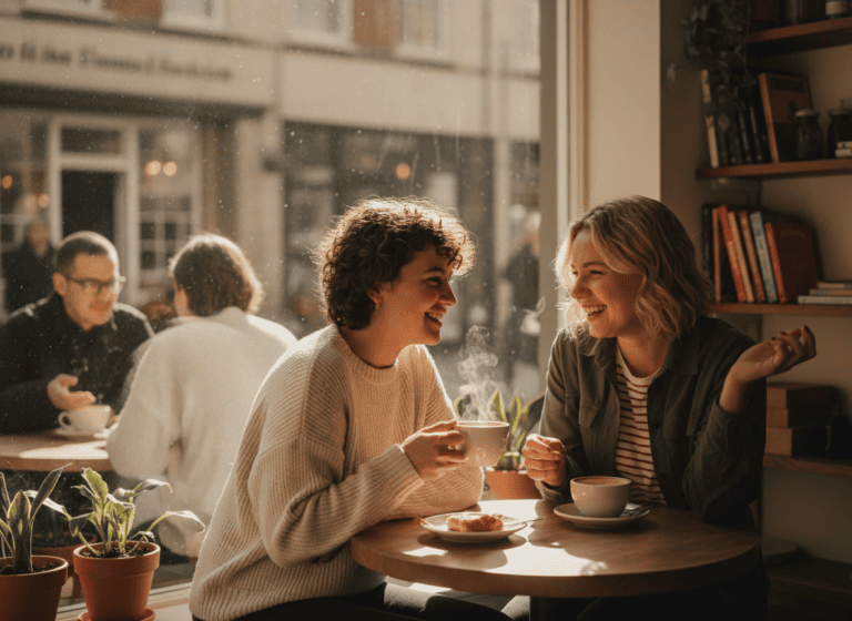 Couple enjoying a relaxed, budget-friendly coffee shop date