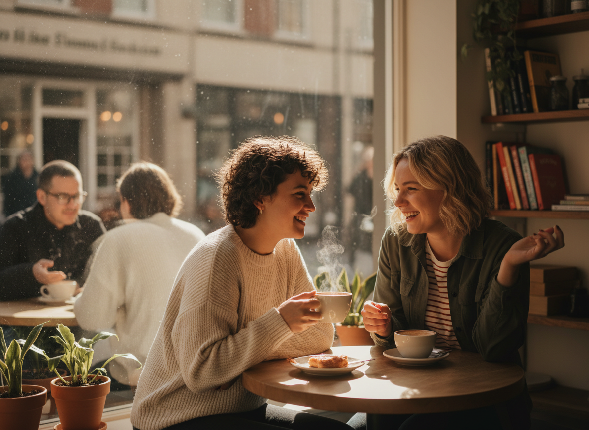 Couple enjoying a relaxed, budget-friendly coffee shop date