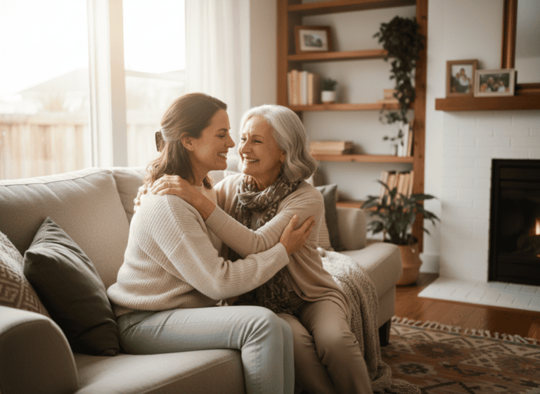 Adult daughter embracing her senior mother at home