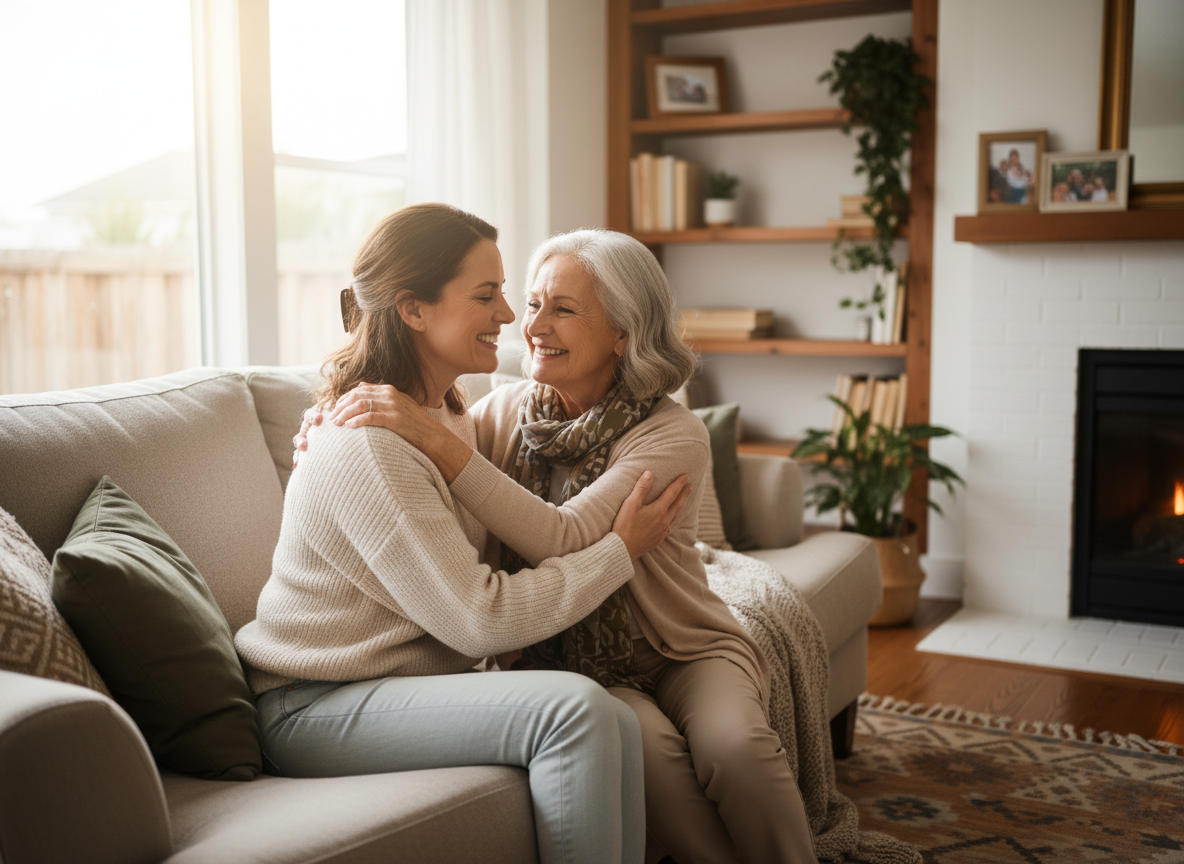 Adult daughter embracing her senior mother at home