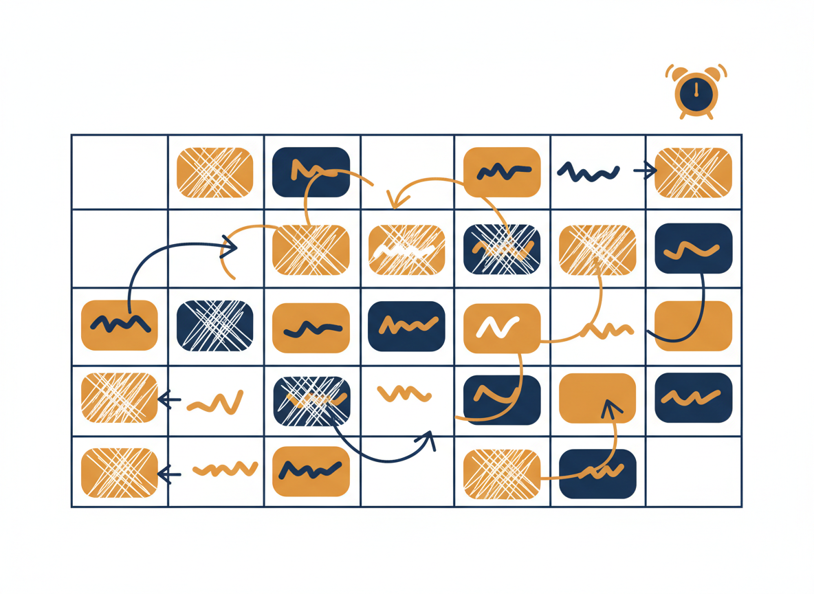 Illustration of a chaotic weekly work schedule with shifts crossed out and rearranged