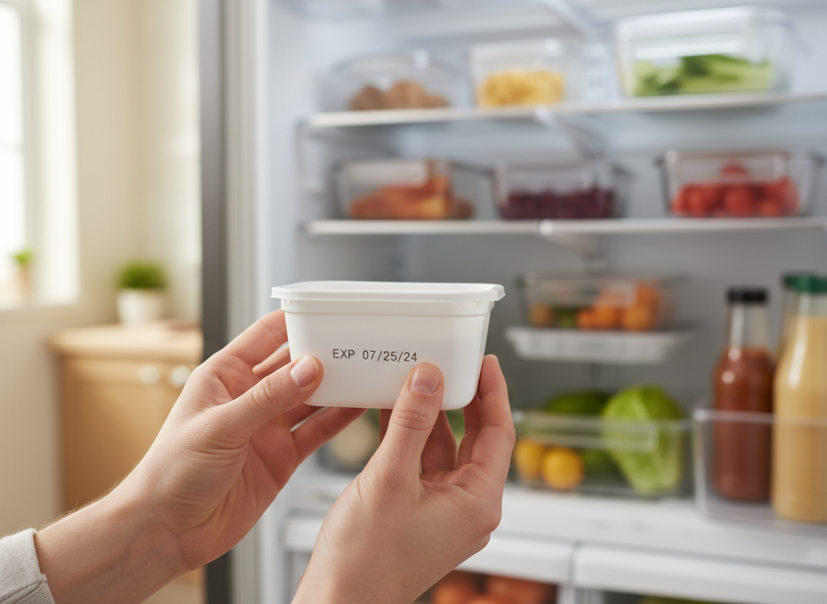 A person checking the expiration date on a deli food container in front of an open refrigerator