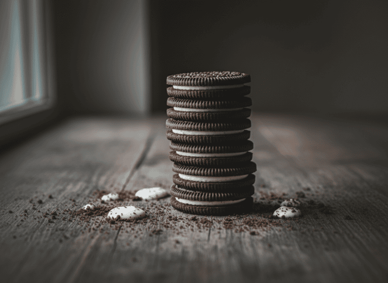Stack of classic chocolate sandwich cookies with cream filling, generic stock-style food photo used for illustration