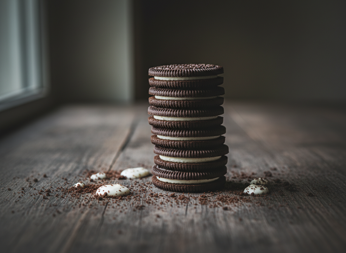 Stack of classic chocolate sandwich cookies with cream filling, generic stock-style food photo used for illustration