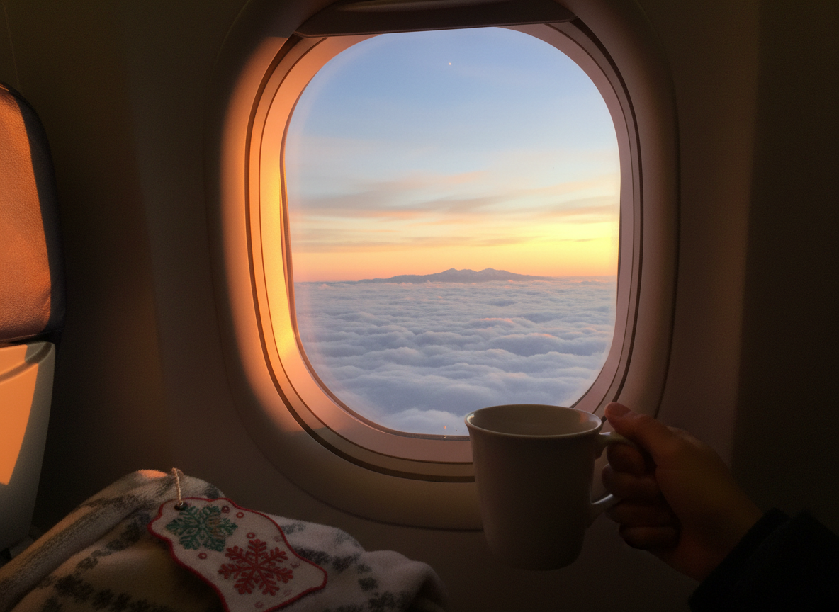 View of a winter sunset sky through an airplane window