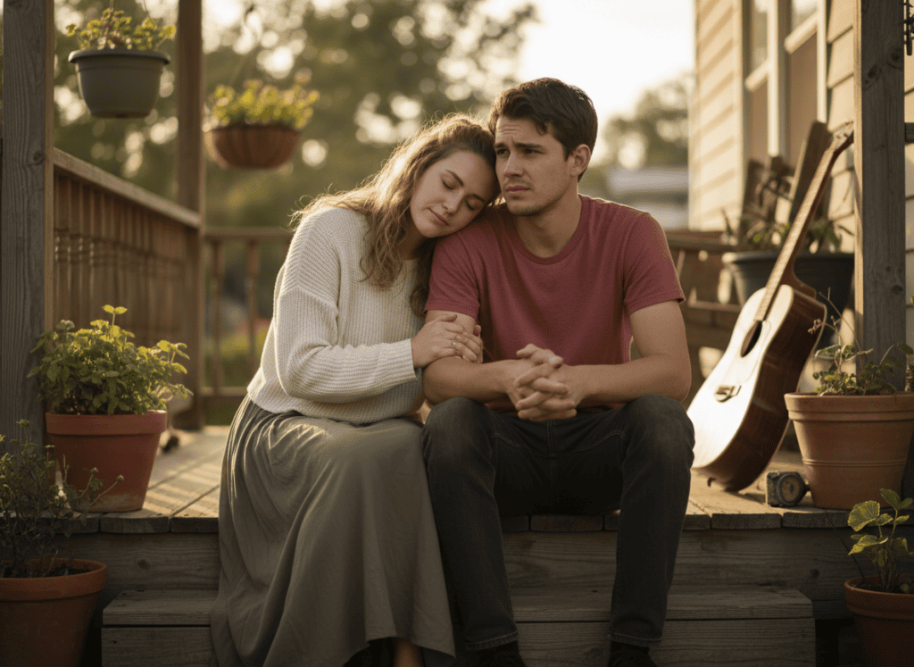 Two close-in-age siblings sitting together outdoors, one affectionate and one distant