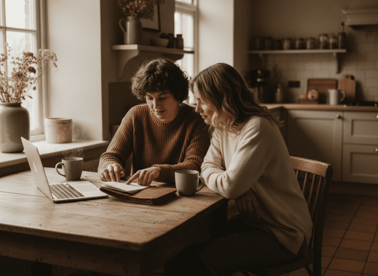 A couple sitting at a kitchen table reviewing household finances together.