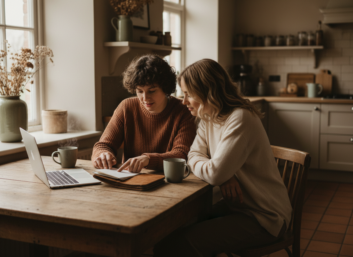 A couple sitting at a kitchen table reviewing household finances together.