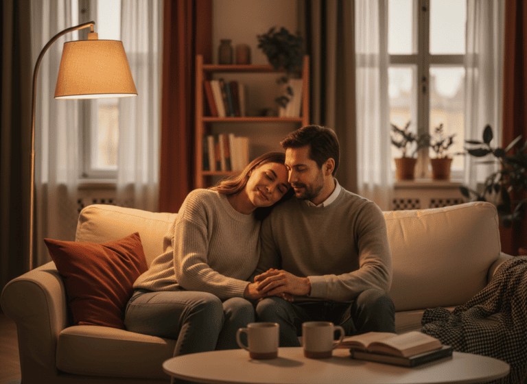 A couple sitting together on a sofa in a softly lit living room