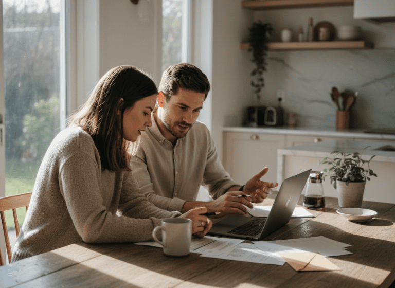 Couple reviewing household bills together at a kitchen table