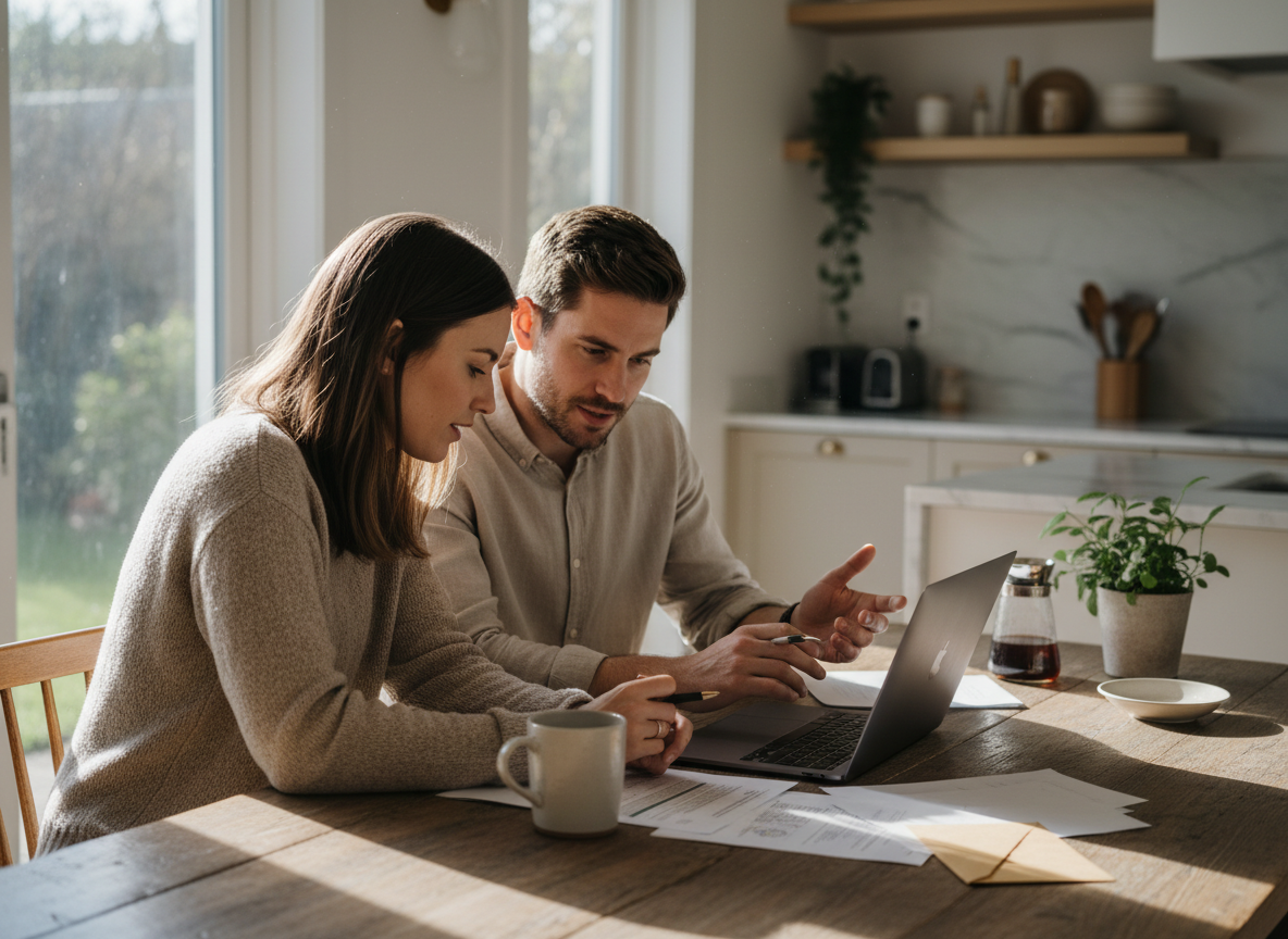 Couple reviewing household bills together at a kitchen table