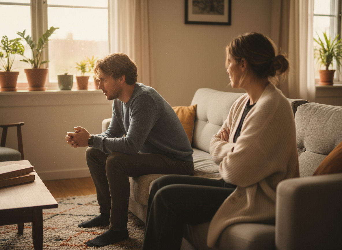 Couple sitting apart during a tense conversation at home