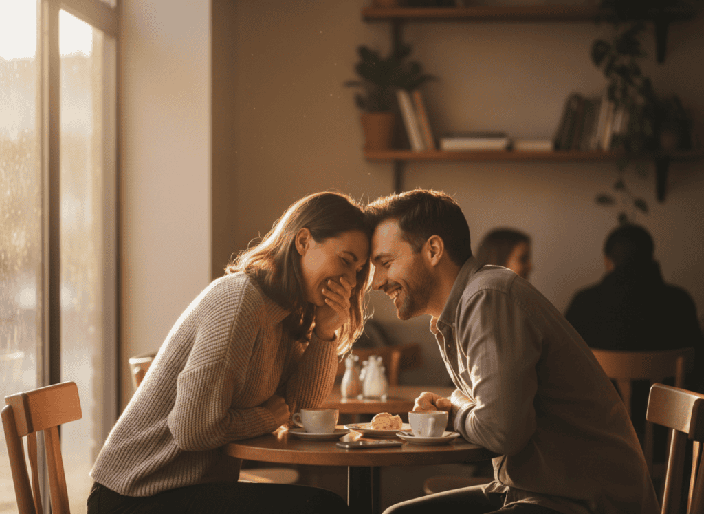 A couple laughing together during a first date at a cafe