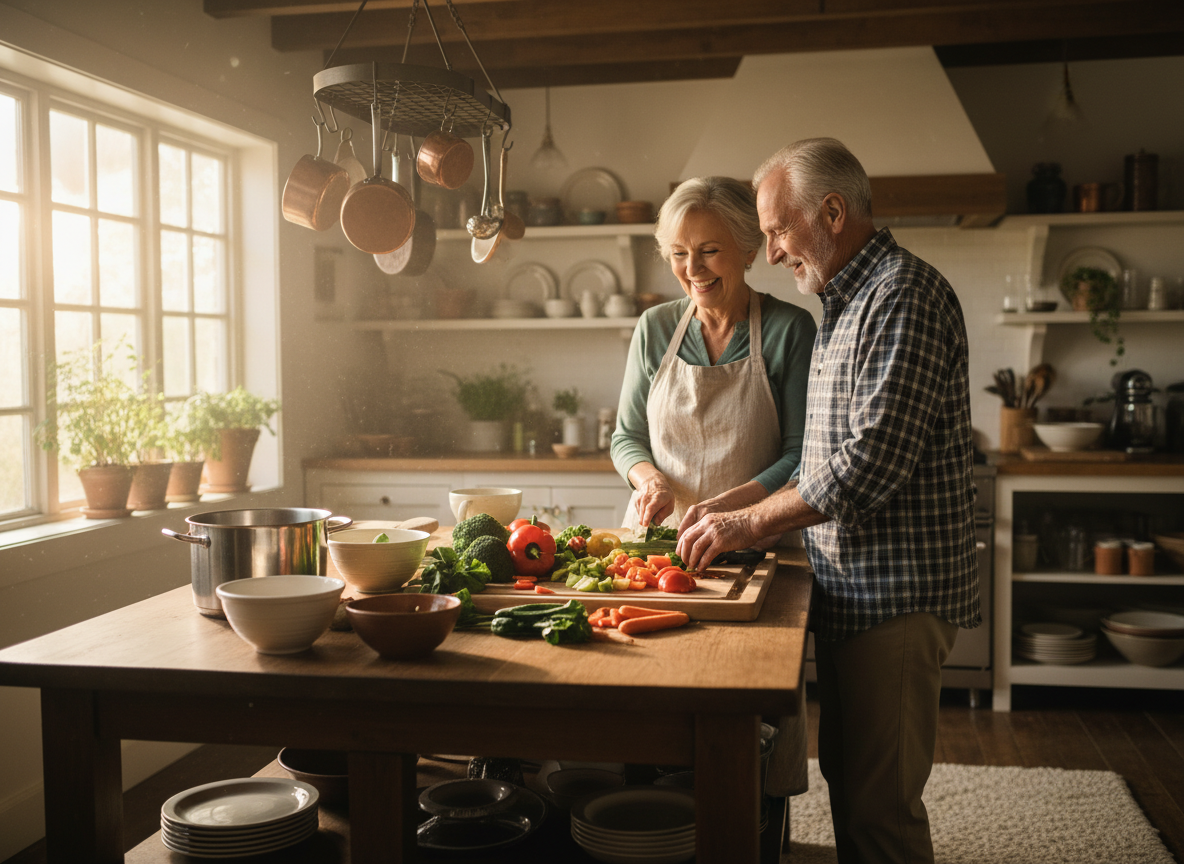 An older couple preparing a healthy meal together in their kitchen