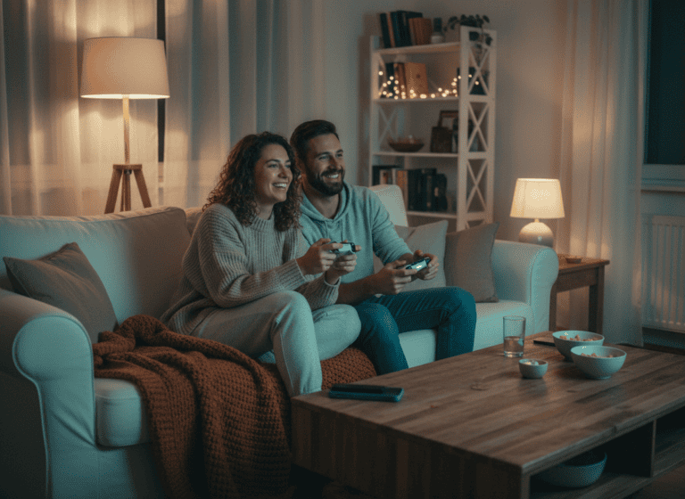 Couple playing video games together on the couch