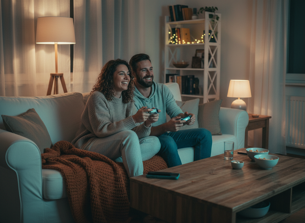 Couple playing video games together on the couch