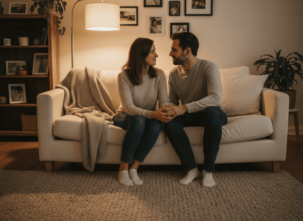 A couple in quiet, attentive conversation at home