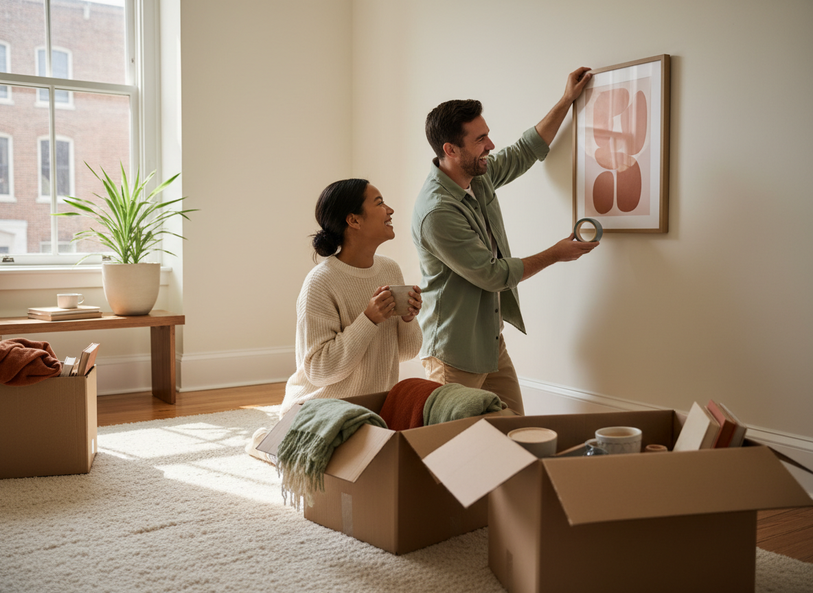 Couple unpacking boxes together and smiling in their new shared apartment