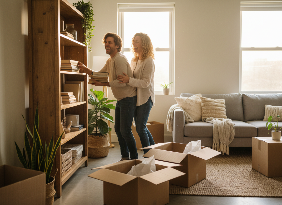 A couple smiling while unpacking moving boxes together in their new shared living room