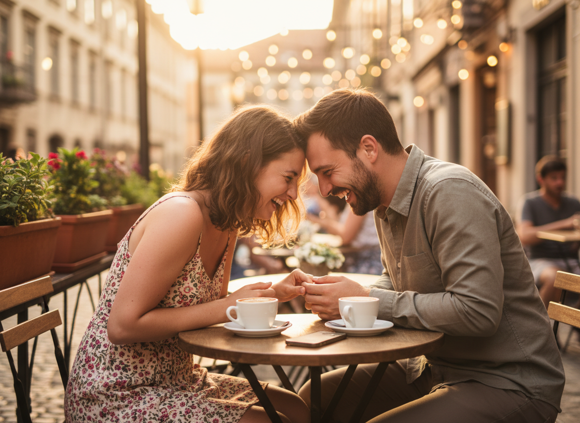 A couple laughing together on a first date at an outdoor cafe