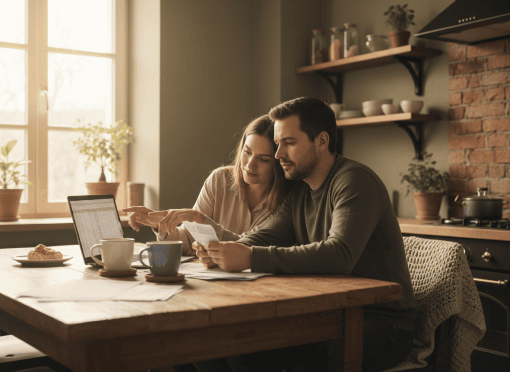 A couple reviewing their household finances together at the kitchen table