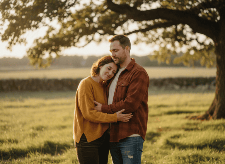 Couple sharing a calm, gentle embrace outdoors at golden hour