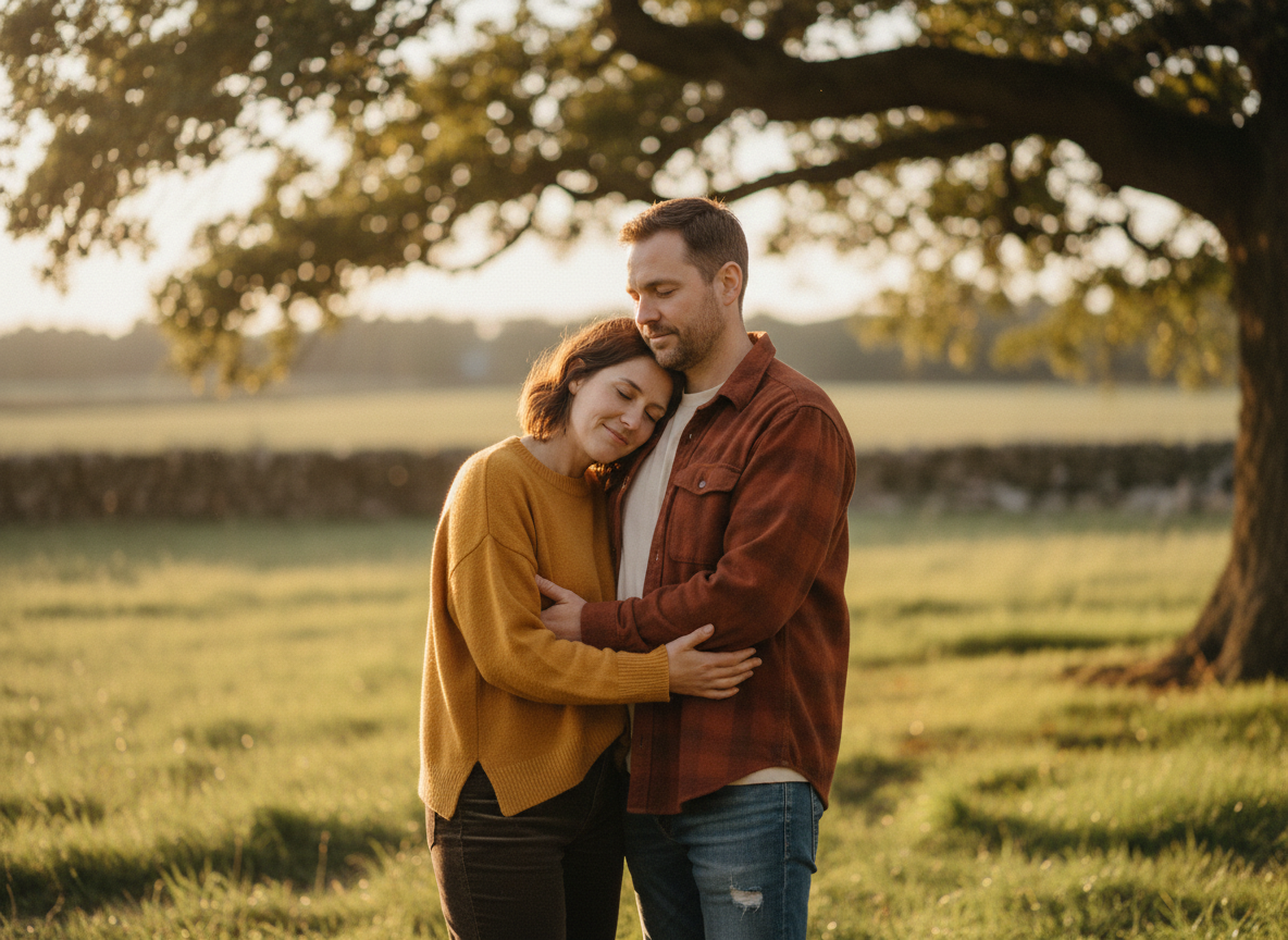 Couple sharing a calm, gentle embrace outdoors at golden hour