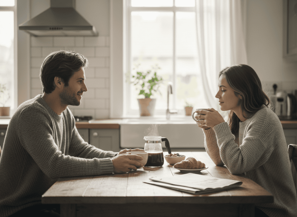 A couple sharing coffee together at a kitchen table in the morning